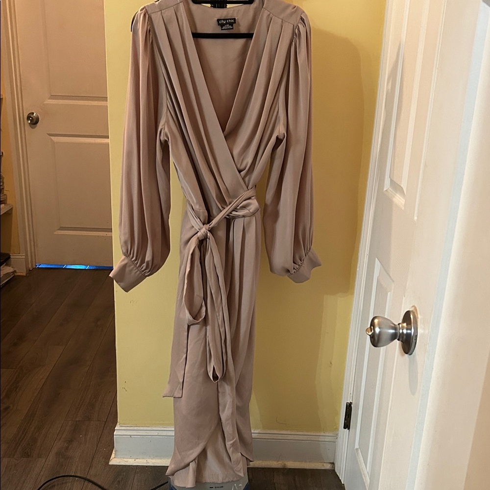 City Chic Long Sleeve Wrap Dress in Beige